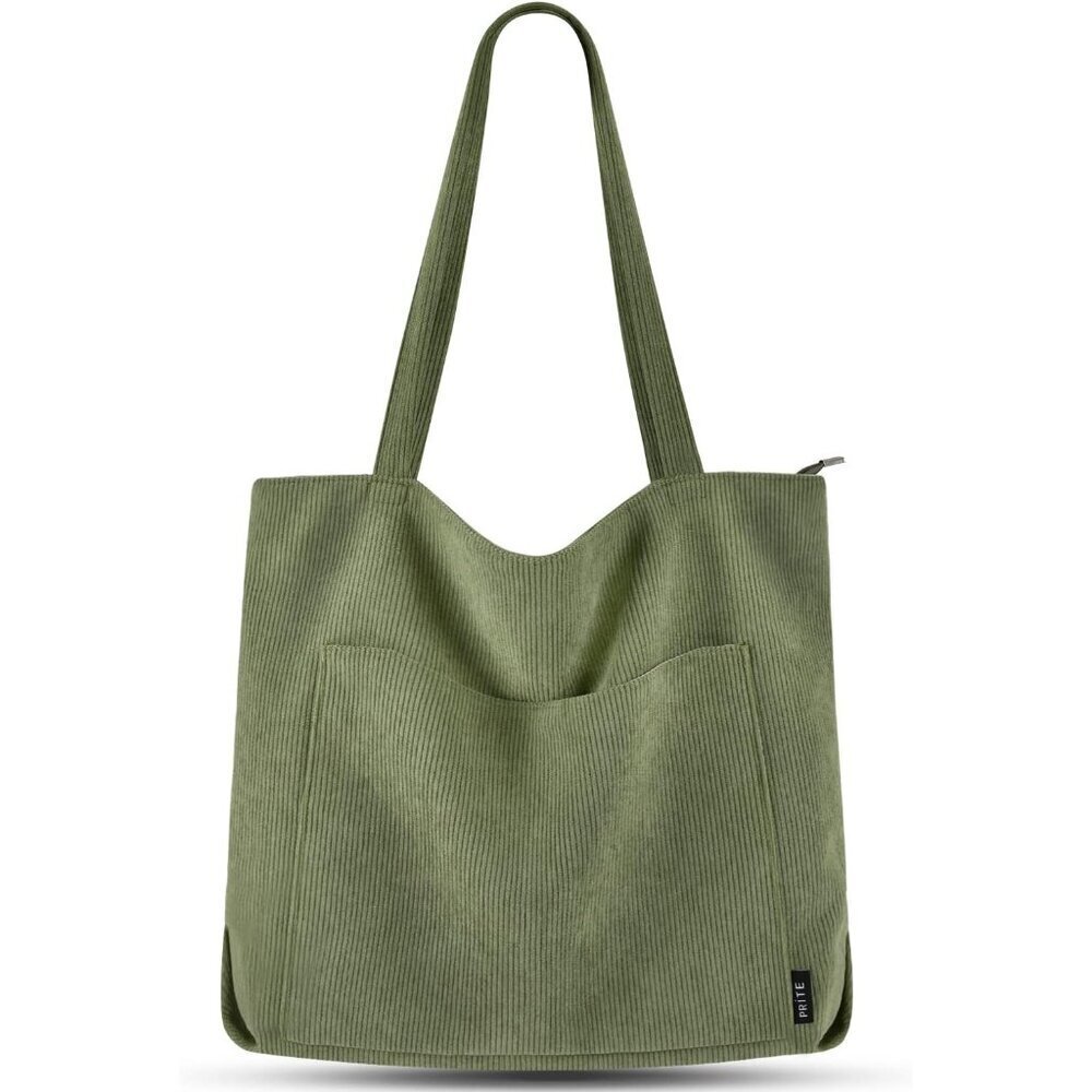 Women Green Corduroy Polyester Lining Shoulder Bag with Zipper And Pockets